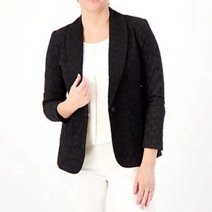 Susan Graver PURE Cotton Eyelet Shawl Collar Bracelet Sleeve Blazer Black Large